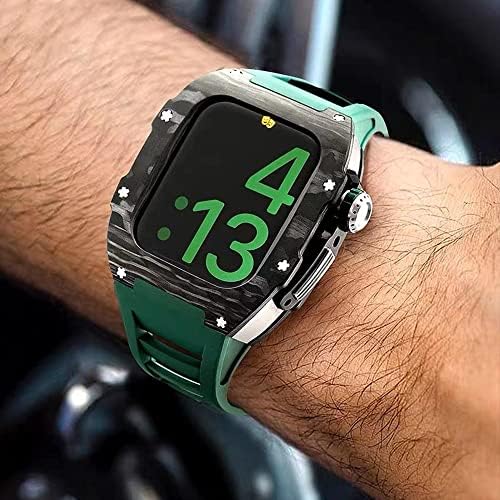 KANUZ Луксозен Каишка от въглеродни влакна Калъф за Apple Watch 8 7 45 мм, Калъф за каишка от фторкаучука Моден Комплект за iwatch