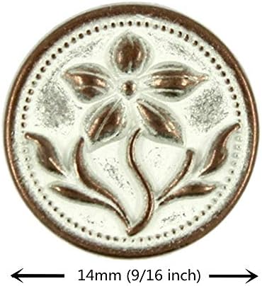 Кадър от 12 Броя Копчета с метална опашка във формата на цвете тинтява. 14 мм (9/16 инча) (Медно-бяла патина)