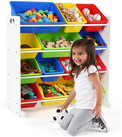 Органайзер За съхранение на детски играчки с 12 Пластмасови Чекмеджета Бял/ Основен Бял Модерен MDF Включва Обков