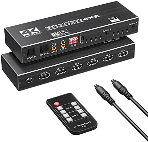 Матричен превключвател PWAYTEK 4K, HDMI, 4 X 2,4 в 2 изхода, видеопереключатель, сплитер, оптично и L/R аудио изход С IR дистанционно