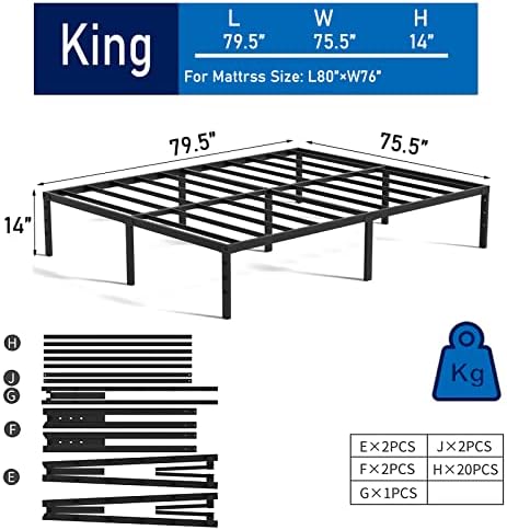 Рамка на легло размер king-size в 14-inch платформа Vengarus, Не се изисква пружинен блок, Стабилна Метална основа за матрак