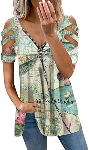 YaYiYa Блуза, Тениска за Момичета с Къс ръкав 2023 Година С открити рамене Памучен Блуза с цип с графичен принтом и Цветя Модел