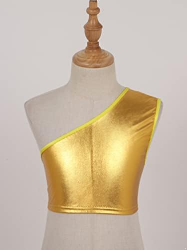 Jugaoge / Детски Блестящи Метални Спортни Блузи за момичета, съкратен Блузи с едно рамо, Без Ръкави, Спортна Жилетка, Танцови Върхове, Злато,