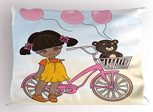 Фалшива Велосипедна възглавница Lunarable, Цветна Карикатура за Момиченце с мотора-мече и балони, Декоративна Калъфка Стандартен