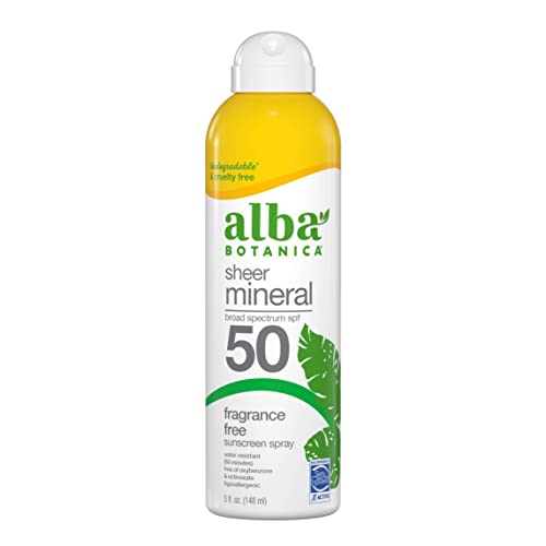 Слънцезащитен крем Alba Botanica за лице и тяло, Бистър Минерален слънцезащитен спрей без ароматизатори, SPF 50 широк спектър на действие,