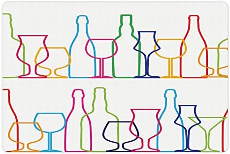 Вино черга Ambesonne за домашни за храна и вода, Многоцветни Контур Бутилки и Чаши за Коктейли парти в бар, Модерен и Забавен