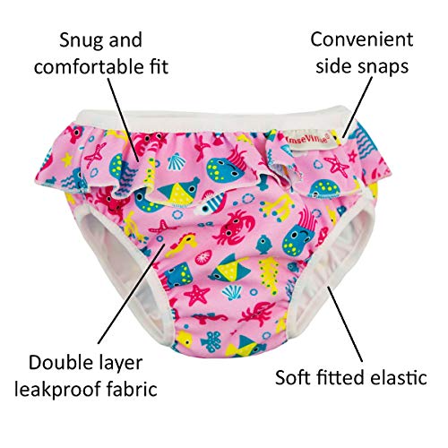 Пелените за многократна употреба за плуване, Бански Vimse за бебета и момичета по-малки деца с рюшами и обков (Pink Sea Life, тегло