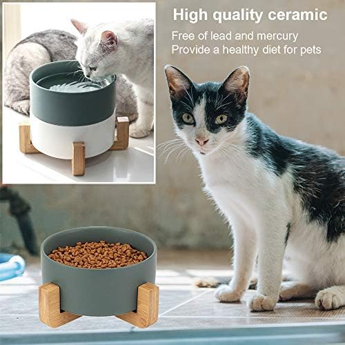 Керамични Купи за кучета и котки JEROCK, Повдигнати купа за храна и вода с плъзгане на Дървена стойка, да Повдигнат Кръгла