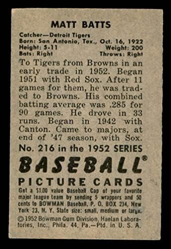 1952 Боуман Обикновена бейзболна картичка 216 Мат Бэттс от Детройт Тайгърс Клас Добър