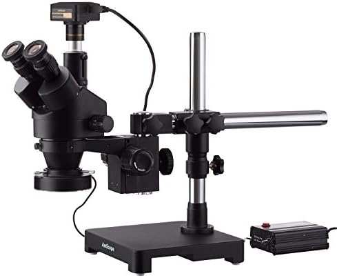 AmScope 7X-45Ч Черно Тринокулярный Стереоскопичен Увеличение на Микроскопа AmScope на Однорычажной стойка с околовръстен подсветка от 80 светодиоди