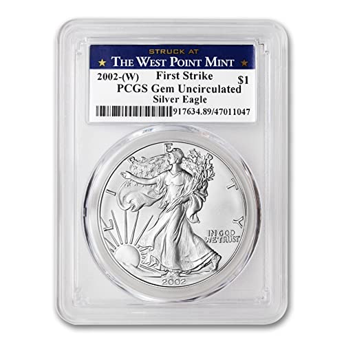 2002 (W) Монета Американски Орел Silver Eagle с тегло 1 унция, скъпоценен камък, без лечение (Първият удар е нанесен на етикета