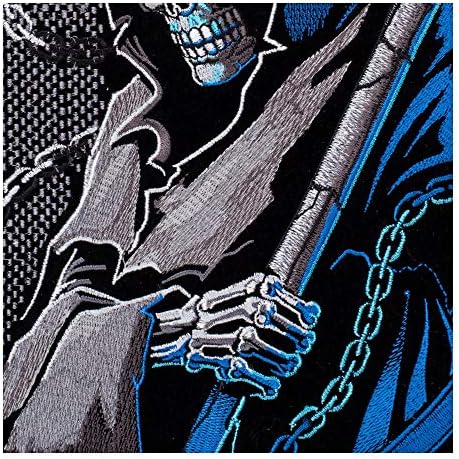 Патчстоп Grim Reaper Shield Сини Железни ивици за дрехи, Дънки - 9,75x12,5 инча X-Големи, дойде с ръце на гърба ленти за сака, Чанти