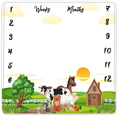 Одеало QICAIYUN Baby Monthly Milestone, Одеало за първата година от Живота с Тематични селскостопански животни, Календар растежа