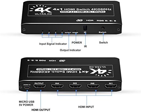 avedio свързва HDMI комутатор 4x1 4K @ 60HZ, HDMI-switch 4 в 1 с IR дистанционно управление, 4-портов превключвател, HDMI, поддържа
