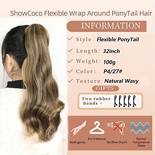 ShowCoco 32 инча, гъвкава обвивка около опашката, удължаване на коса, дълга къдрава синтетичен опашка, къдрава красива коса, конска опашка,