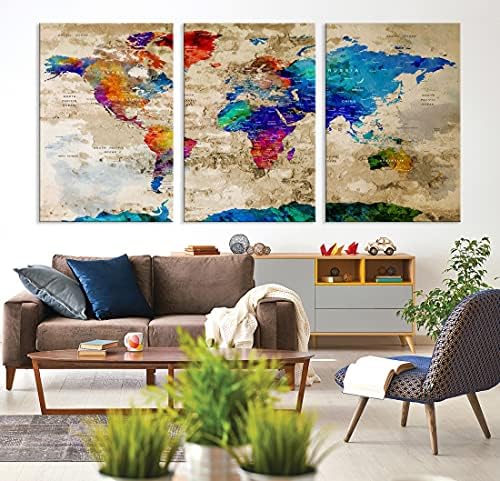 Самите Эймур Съвременно Голямо Стенно Изкуство Рейнбоу Цвят на Картата на света, Бутон Принт на Платно за Домашен интериор,