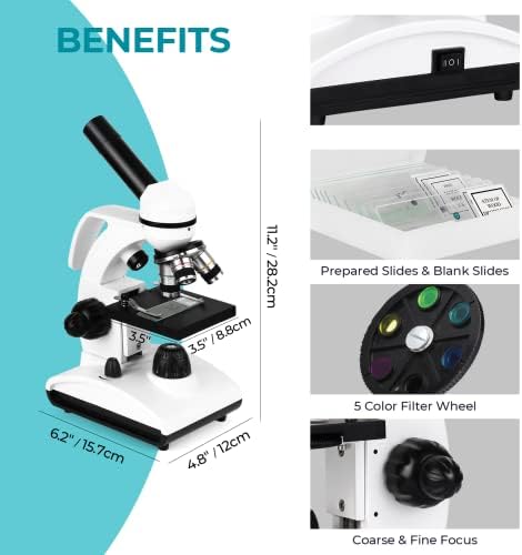 Микроскопи Tuword за деца, Студенти и възрастни, 40X-1000X Микроскоп с Оптични Стъклени Лещи за училище и у дома, Безжичен led Студентски