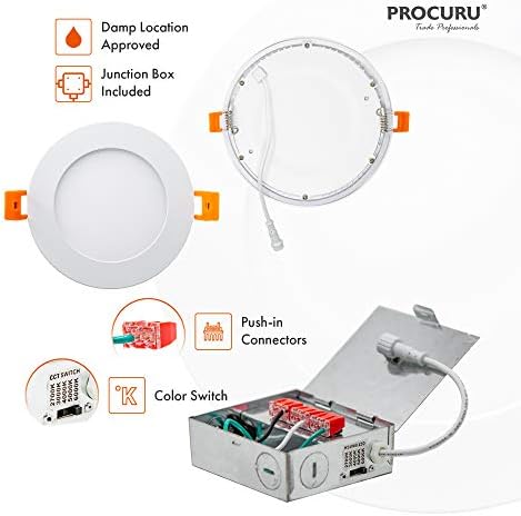 PROCURU 6-Pack 8-Инчов led лампа с възможност за избор на цвят 2700 К-6000 К, ултра-тънък-Вградени тавана лампа с регулируема яркост