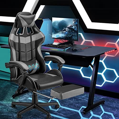 Слот столове Soontrans Grey с поставка за краката, Ергономичен стол за компютърни игри, Стол за геймъри с лумбална възглавница