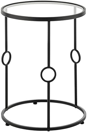 mDesign Кръгла Метална Маса с Декоративни Крака, с вграден Плот, Мебели за Домашен интериор за хол, Спални - Черен Мат / Прозрачно