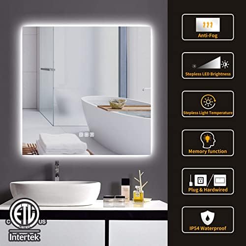 BENIME Квадратно Led Огледало за баня 36 × 36 См, Тоалетен Огледало с осветление, Led Огледало за гости, баня с Дефоггером за