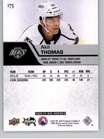 2020-21 Горната deca AHL 175 Акил Томас, търговска картичка начинаещ хокейна лига Онтарио Reign RC