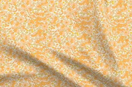 Плат Spoonflower - Цветя Реколта Жълти Цветя 70-те години, Приглушен Цвят на Праскова, Отпечатани на Маркови Памучен Плат с Листенца