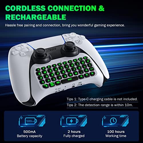 Клавиатура MoKo за контролер PS5 със зелена подсветка, Безжична Мини клавиатура Bluetooth Chatpad за Playstation 5, Вградени говорители и аудио