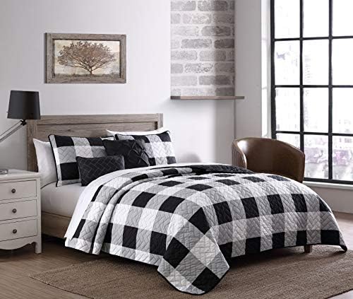 Комплект стеганого одеяла Addison Home от 5 теми в клетката Buffalo, Queen, Черен / Бял
