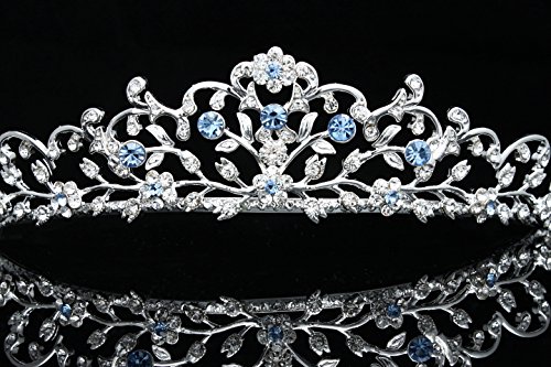 Венера Бижута Дизайн на цветя, лозя Сватбена тиара за Короната - сини кристали, сребро покритие (T797)