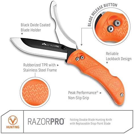 Сгъваем ловен нож OUTDOOR EDGE RazorPro с двойно острие - техническо превръзки нож Blaze Orange Оборудван сменен нож, остър като бръснач,