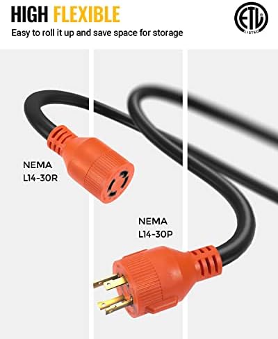 Захранващ кабел генератор BougeRV 30 Ампера И 40 Фута за ръчно ключа Nema L14-30 10 Калибър, Тежкотоварни Електрически Удължител 4 Клипса