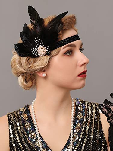 CAKURE 1920s превръзка на главата си с пера шапки с клапани, аксесоари за коса с кристали Велик Гэтсби за жени и момичета