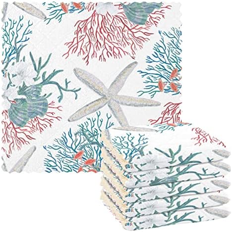 Комплект кърпи за съдове ALAZA Beach Coastal Seastar Цветя Хибискус, Комплект от 6 Кърпи за съдове, Кърпи за миене на съдове,