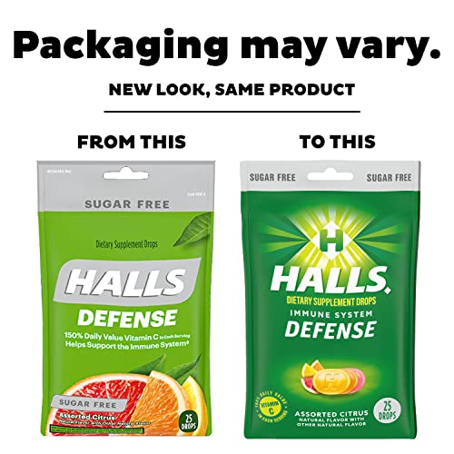 Капки витамин С HALLS Defense Разнообразни от цитрусови плодове, без захар, Капки хранителна добавка, 12 Торби по 25 капки