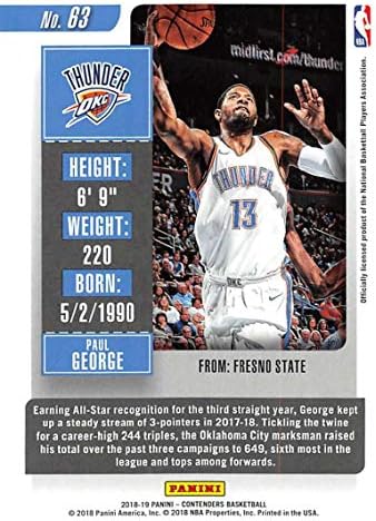 Сезонен билет Панини Contenders сезон 2018-19 63 Пол Джордж Оклахома Сити Thunder Баскетболно търговска картичка НБА