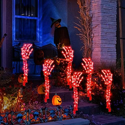 Хелоуин Скелет Ръце Осветява Външни Декорации, Осветени от Ръцете на Хелоуин с 60 червени led Светлини, Водоустойчив Фенери