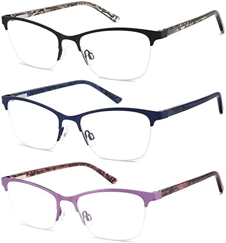 HOTJOJO, 3 опаковки очила за четене за жени, Метална дограма, Принудителна синя светлина, компютърни очила за четене, филтър за UV-светлина/блясък/Blue-ray,