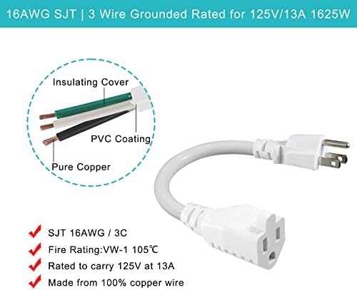 [6 опаковки] Бяла кратък удължителен кабел за захранване на 6 - инчов 3-Пинов Мини-удължителен кабел за заземяване за помещения, малък