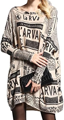 ellazhu Женски Есенен Пуловер с кръгло деколте и дълги ръкави от Вестникарска хартия с принтом DH40