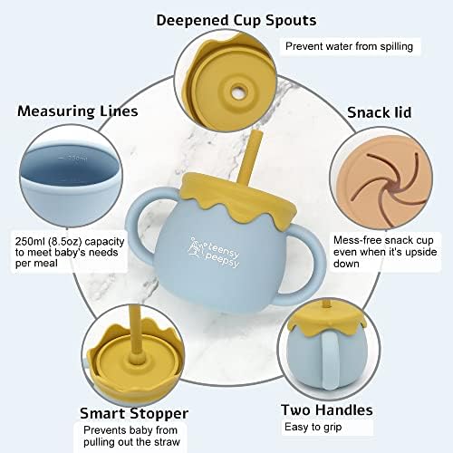 тренировочная чаша teensy peepsy Honeypot от силикон, Поильник за деца 2 в 1 с соломинкой и капак за закуски, Слама