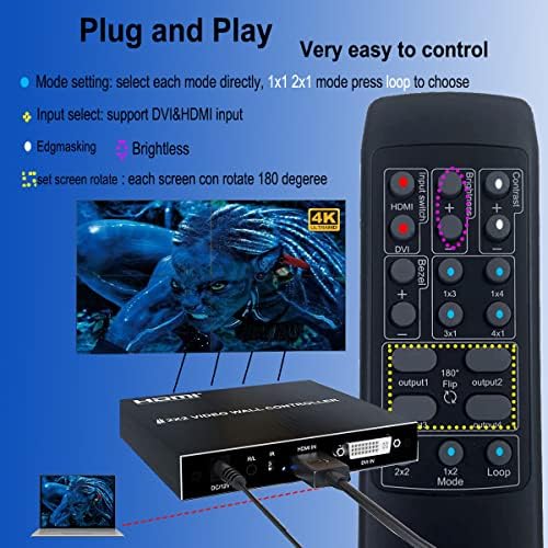 Сплитер контролер видеостены 4K 2x2 HDMI, вход HDMI + DVI 3840x2160, монтиран на стената телевизор процесор с аудиовыходом, завъртане