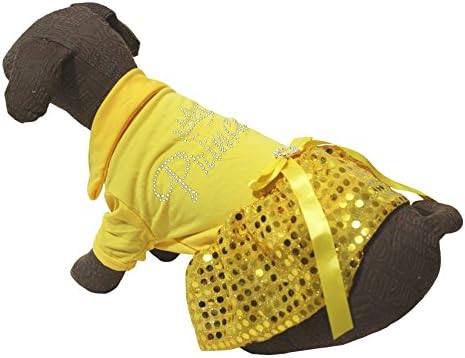 Облекло за Кутрета, Рокля за кучета, Жълт Памучен Тениска Принцеса с пайети, Пакетче (Средно)