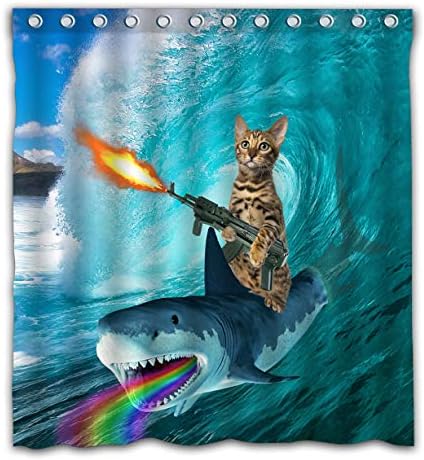 OTCKOTA Потребителска Завеса за душ със Забавна Котка за детска Баня, Готина Котка Отгоре на Китова Акулата по Великия Океански Вълни,