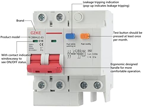 Главен прекъсвач TINTAG YCB6HLE-63 Автоматичен прекъсвач остатъчен ток 30 ma със защита от претоварване работен ток RCBO MCB (Цвят: YCB6HLE-63, размер: 63A)