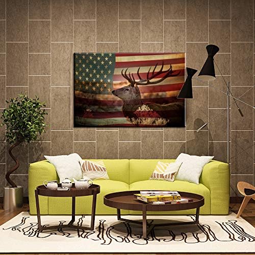 LevvArts Ретро Платно Стенно Изкуство Американското Знаме и Изображението на Елен на Фона на Знамето на САЩ, Печат върху Платно Картина