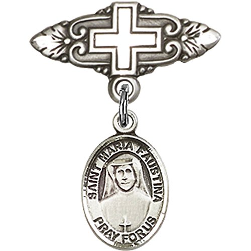 Детски икона от Сребро с Чар Св. Мария Фаустины и Игла за Икона с Кръст 1 X 3/4 инча