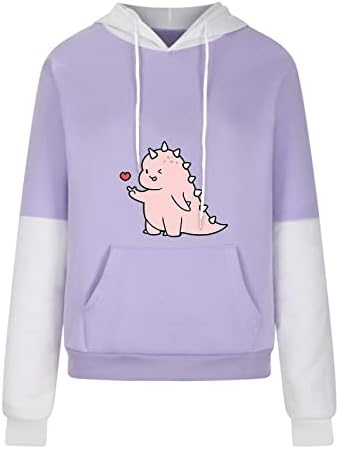Hoody с Динозавром, Женска Тениска С Принтом на Сърцето, Красиви Блузи, Пуловери, Блузи, Свободен Цветен Блок, Блузи С Качулка