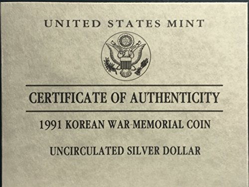 Мемориал монета на Корейската война 1991 D се предлага в опаковка от Монетния двор на САЩ с доказателство за долар на Монетния двор на
