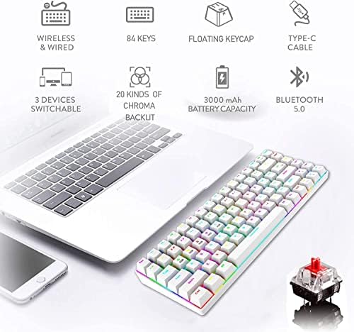 Безжична Ръчна Детска клавиатура, 2,4 G / Type-C / Bluetooth, Акумулаторна Мини-клавиатура с RGB подсветка, червен ключ, 84 клавишите